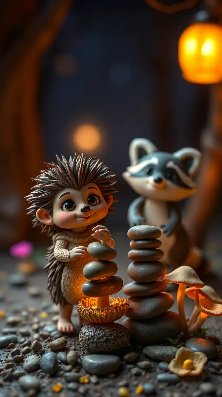 Zeytin, a young hedgehog with soft brown quills and expressive eyes, and her friend Tarcin, a young raccoon with a striped tail, standing proudly beside a tall carefully-balanced tower of small pebbles, focused and happy