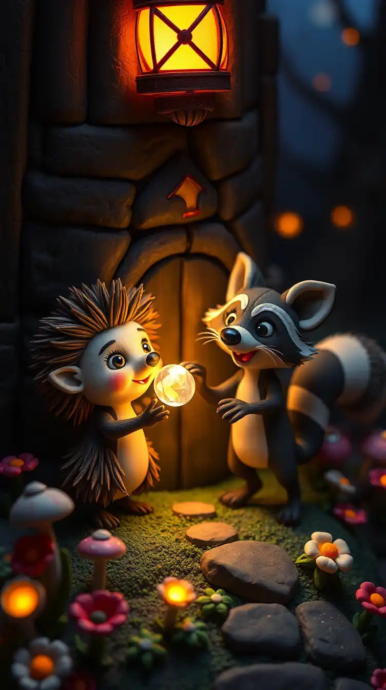 Zeytin, a young hedgehog with soft brown quills and expressive eyes, and her friend Tarcin, a young raccoon with a striped tail, young raccoon rushing in excitedly holding out a bright shiny pebble, his striped tail swin