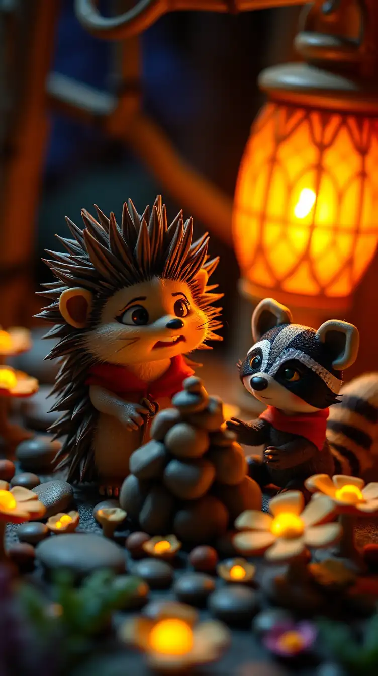 Zeytin, a young hedgehog with soft brown quills and expressive eyes, and her friend Tarcin, a young raccoon with a striped tail, pebble tower crashing and scattering across the ground, hedgehog's quills standing straight