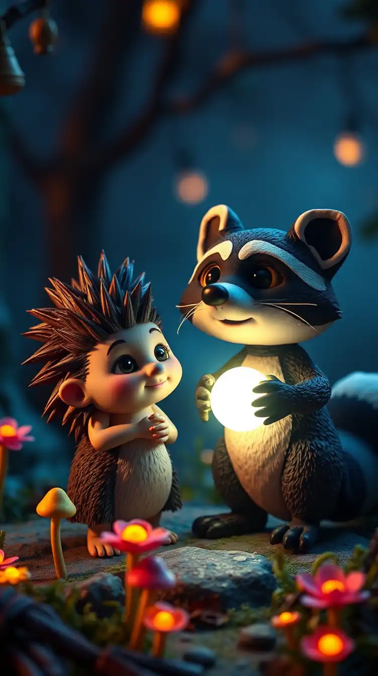 Zeytin, a young hedgehog with soft brown quills and expressive eyes, and her friend Tarcin, a young raccoon with a striped tail, raccoon frozen in place wide-eyed and guilty, still holding the bright pebble, shocked at w
