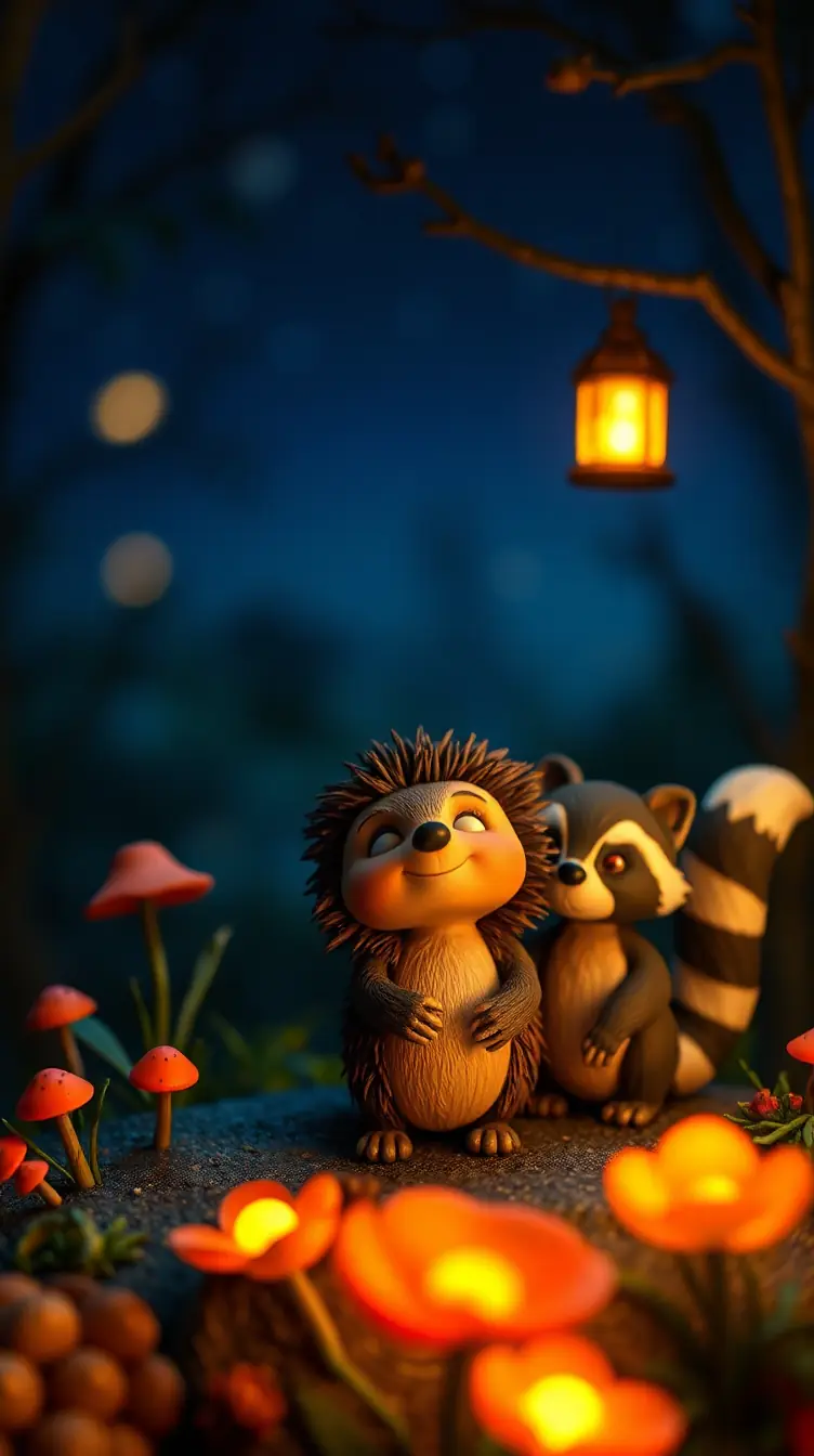 Zeytin, a young hedgehog with soft brown quills and expressive eyes, and her friend Tarcin, a young raccoon with a striped tail, hedgehog's claw moving on its own tracing the calming square shape in the air, quills slowl