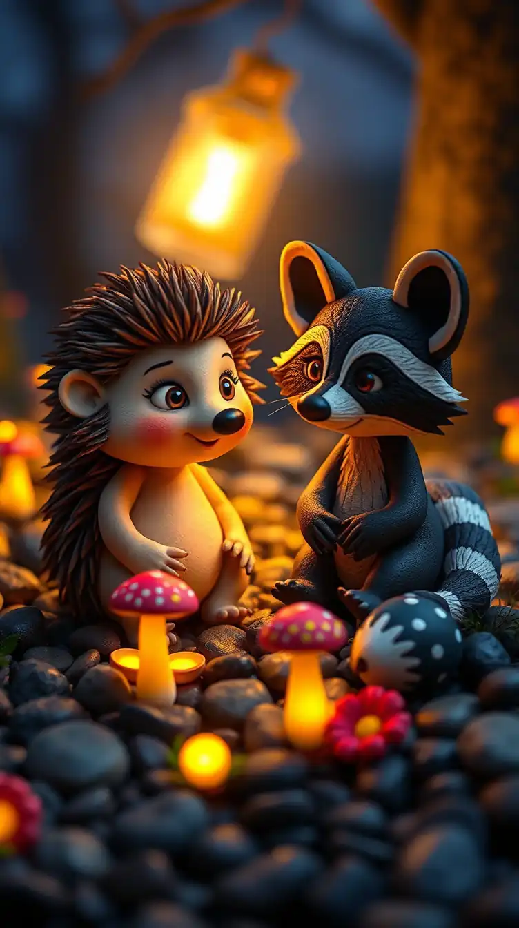 Zeytin, a young hedgehog with soft brown quills and expressive eyes, and her friend Tarcin, a young raccoon with a striped tail, hedgehog speaking calmly to the raccoon, gentle understanding expression, sitting among the