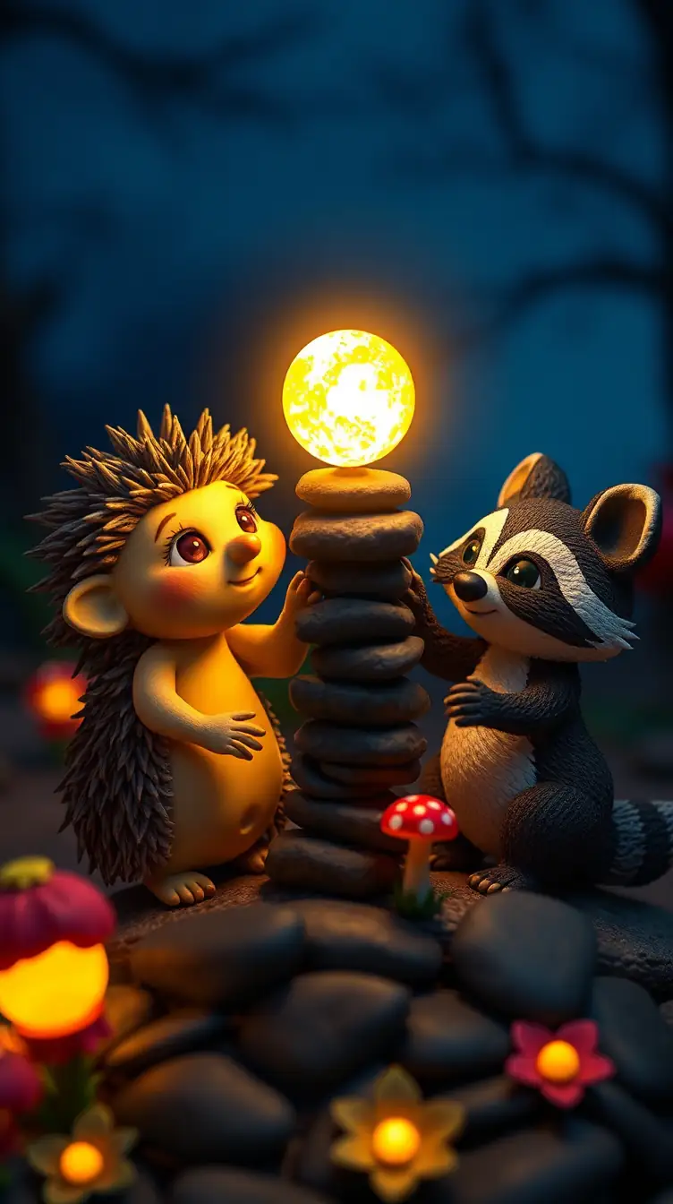 Zeytin, a young hedgehog with soft brown quills and expressive eyes, and her friend Tarcin, a young raccoon with a striped tail, raccoon holding the bright pebble out as an offering, evening light, the two rebuilding a t